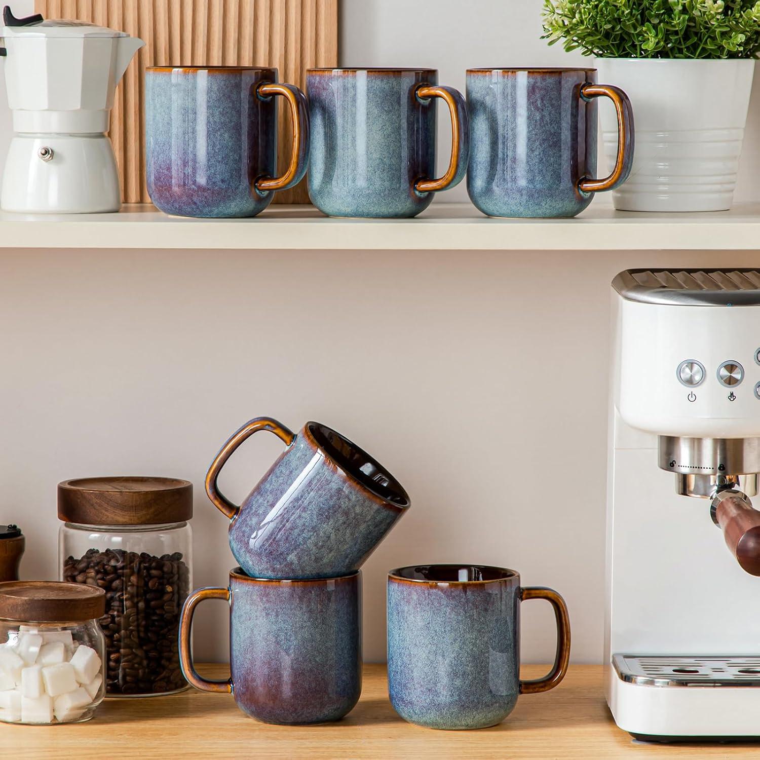 imagevancasso PLAYA Coffee Mugs Set of 6 12 oz Coffee Cups Ceramic Stoneware Mugs with Handle for Latte Tea Cappuccino Milk Cocoa Easy Hold ampamp Clean Microwave ampamp Dishwasher Safe BrownBlue