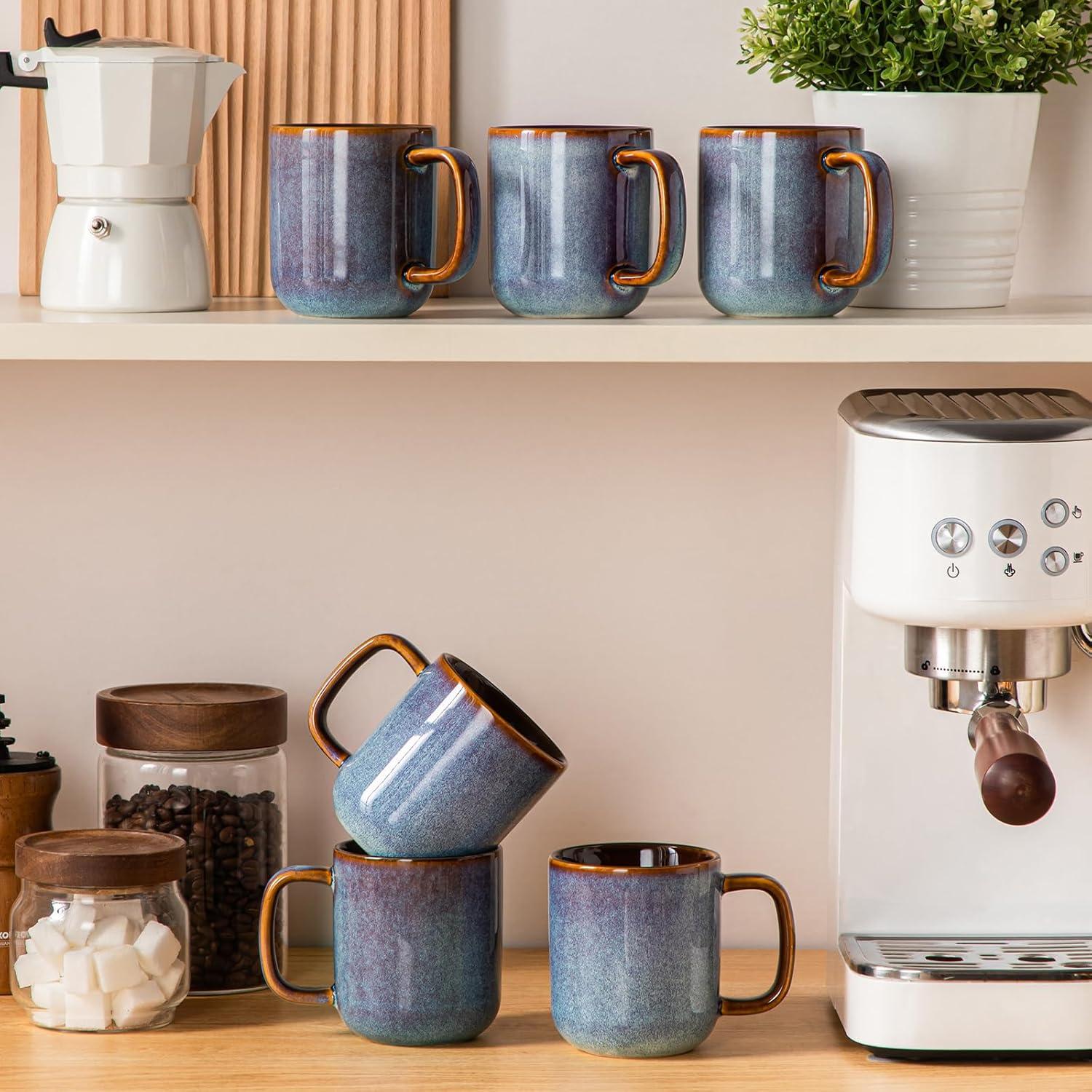 imagevancasso PLAYA Coffee Mugs Set of 6 12 oz Coffee Cups Ceramic Stoneware Mugs with Handle for Latte Tea Cappuccino Milk Cocoa Easy Hold ampamp Clean Microwave ampamp Dishwasher Safe BrownBlue