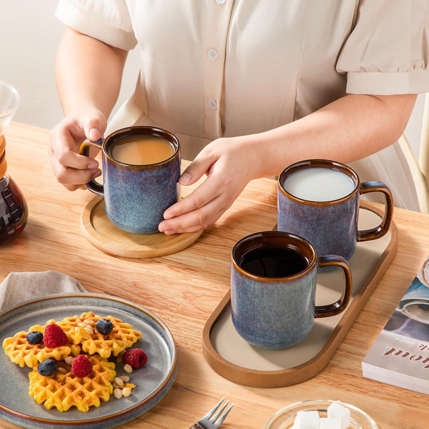 imagevancasso PLAYA Coffee Mugs Set of 6 12 oz Coffee Cups Ceramic Stoneware Mugs with Handle for Latte Tea Cappuccino Milk Cocoa Easy Hold ampamp Clean Microwave ampamp Dishwasher Safe BrownBlue