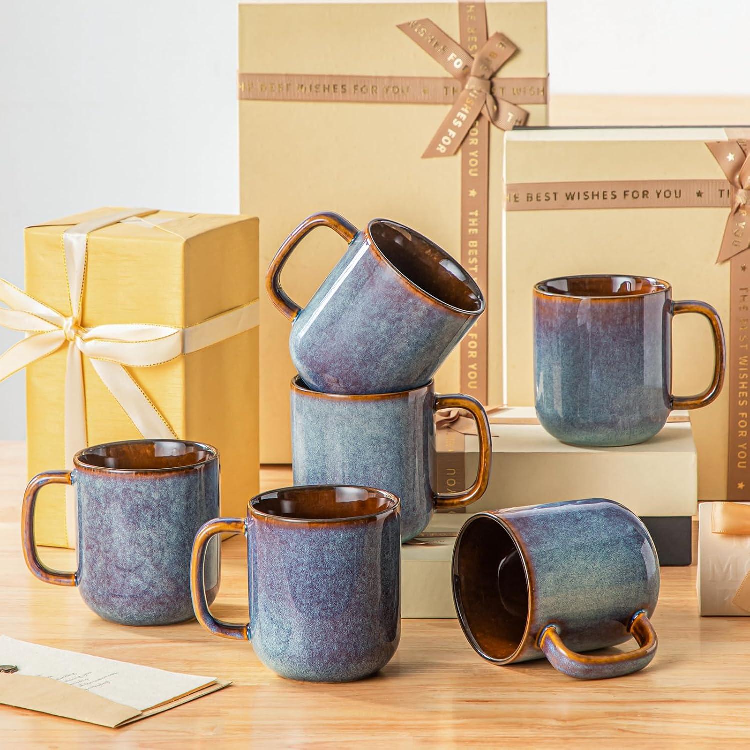 imagevancasso PLAYA Coffee Mugs Set of 6 12 oz Coffee Cups Ceramic Stoneware Mugs with Handle for Latte Tea Cappuccino Milk Cocoa Easy Hold ampamp Clean Microwave ampamp Dishwasher Safe BrownBlue