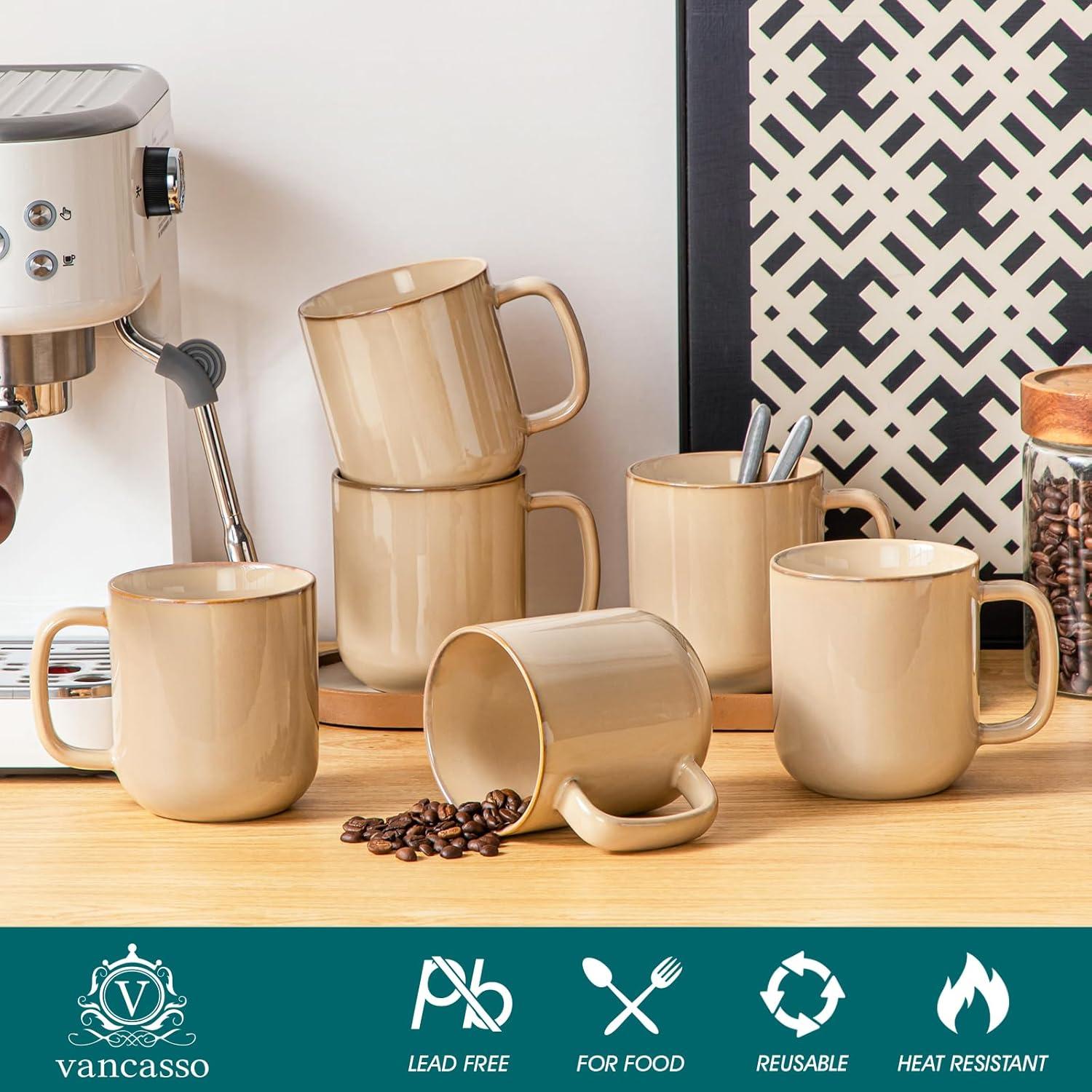 imagevancasso PLAYA Coffee Mugs Set of 6 12 oz Coffee Cups Ceramic Stoneware Mugs with Handle for Latte Tea Cappuccino Milk Cocoa Easy Hold ampamp Clean Microwave ampamp Dishwasher Safe BrownBrown