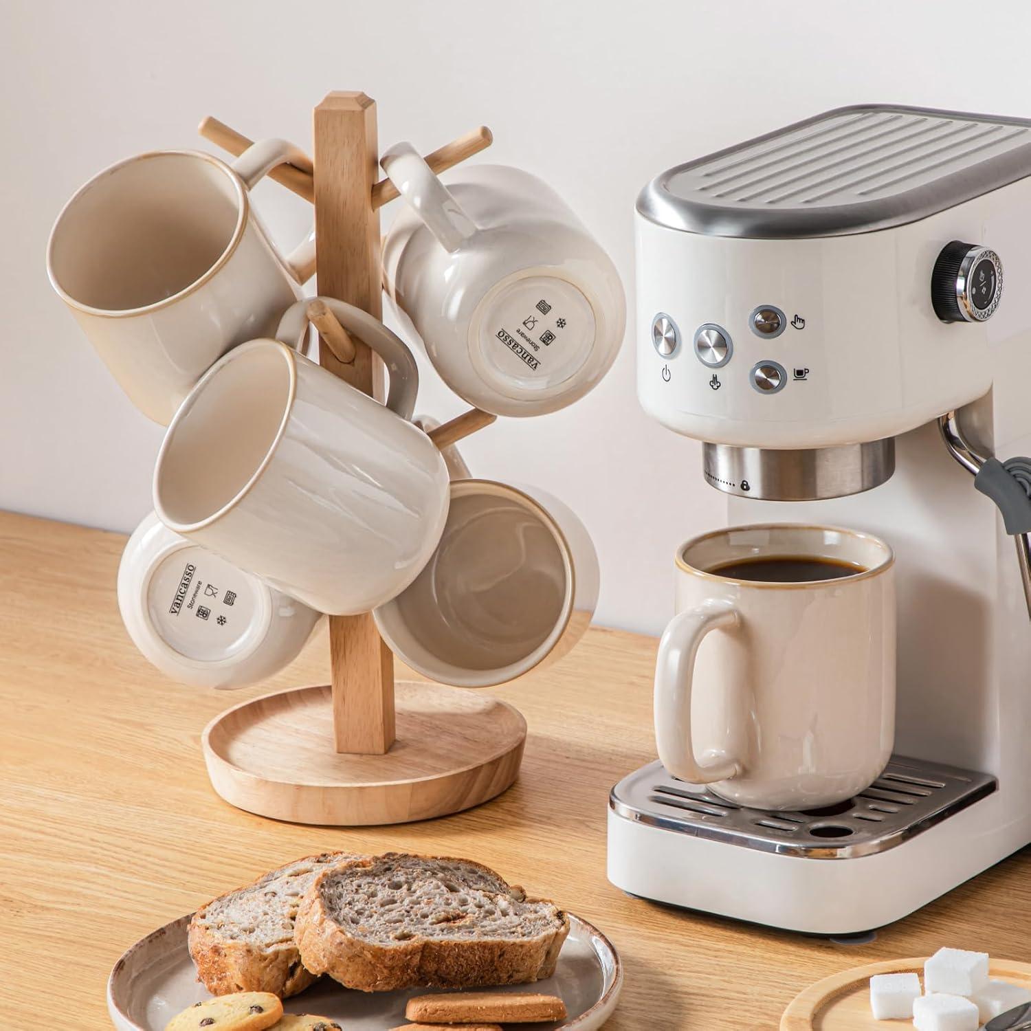 imagevancasso PLAYA Coffee Mugs Set of 6 12 oz Coffee Cups Ceramic Stoneware Mugs with Handle for Latte Tea Cappuccino Milk Cocoa Easy Hold ampamp Clean Microwave ampamp Dishwasher Safe BrownBeige