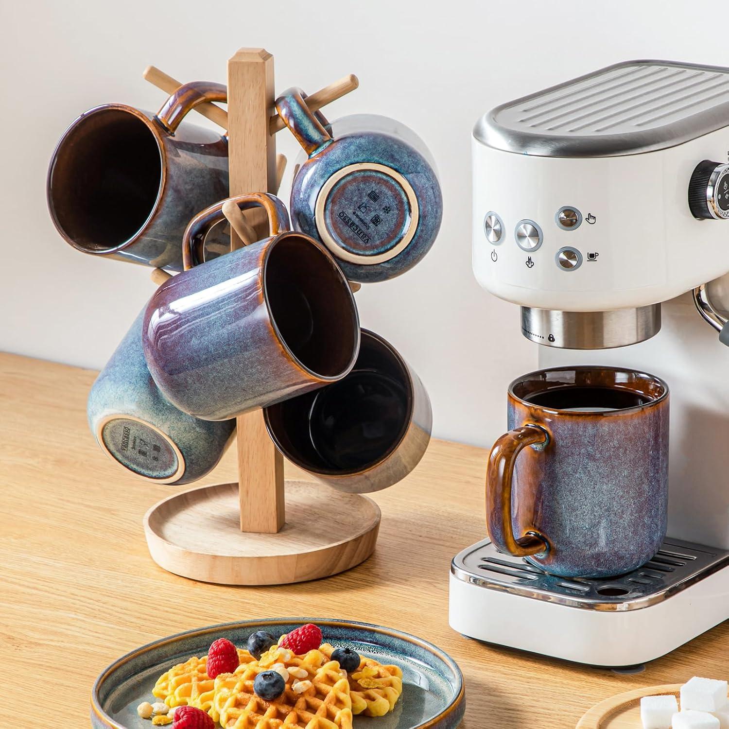 imagevancasso PLAYA Coffee Mugs Set of 6 12 oz Coffee Cups Ceramic Stoneware Mugs with Handle for Latte Tea Cappuccino Milk Cocoa Easy Hold ampamp Clean Microwave ampamp Dishwasher Safe BrownBlue