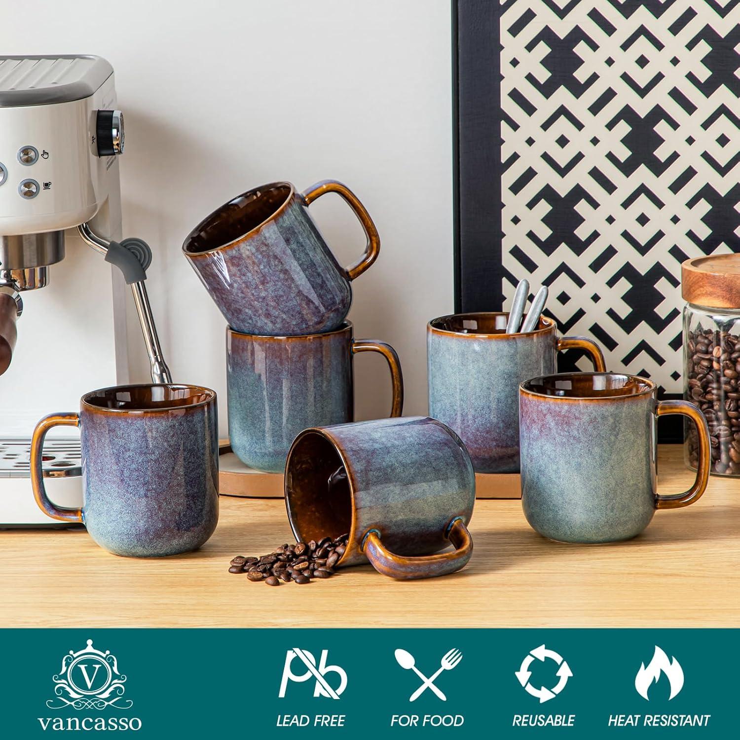 imagevancasso PLAYA Coffee Mugs Set of 6 12 oz Coffee Cups Ceramic Stoneware Mugs with Handle for Latte Tea Cappuccino Milk Cocoa Easy Hold ampamp Clean Microwave ampamp Dishwasher Safe BrownBlue
