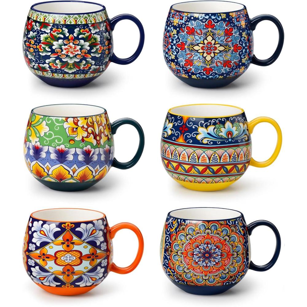 imagevancasso Coffee Mugs Set of 6 Coffee Cups Ceramic 16oz Porcelain Coffee Mugs for Cappuccino Latte Espresso Colorful Coffee Mugs with Handle Rounded Boho Mugs Microwave ampamp Dishwasher Safe