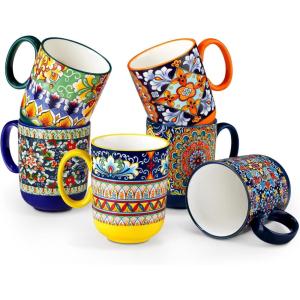 vancasso Boho Coffee Mugs Set of 6, 14 oz Ceramic Mugs with Handle, Colorful Porcelain Cups Microwave Dishwasher Safe, for Latte Tea Cappuccino Cocoa Hot Chocolate
