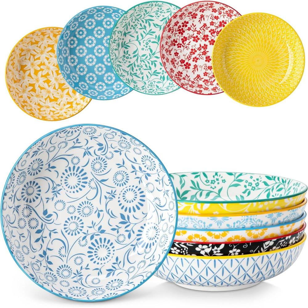 image:imagevancasso 85 Pasta Bowls Set of 6 40 oz Porcelain Shallow Salad Bowls Serving Bowls Large Kitchen Bowl Plates Pasta Dishes Plates Colorful Floral Design Microwave Safe Series SELENEPastel