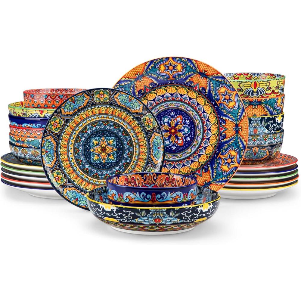 image:imagevancasso Plates and Bowls Sets12Piece Porcelain Dinnerware Set Service for 4 Bohemian Style Dishes Set for 4 Kitchen Dinner Set Microwave and Dishwasher Safe Scratch Resistant Series KRVIService for 6 24 Pcs