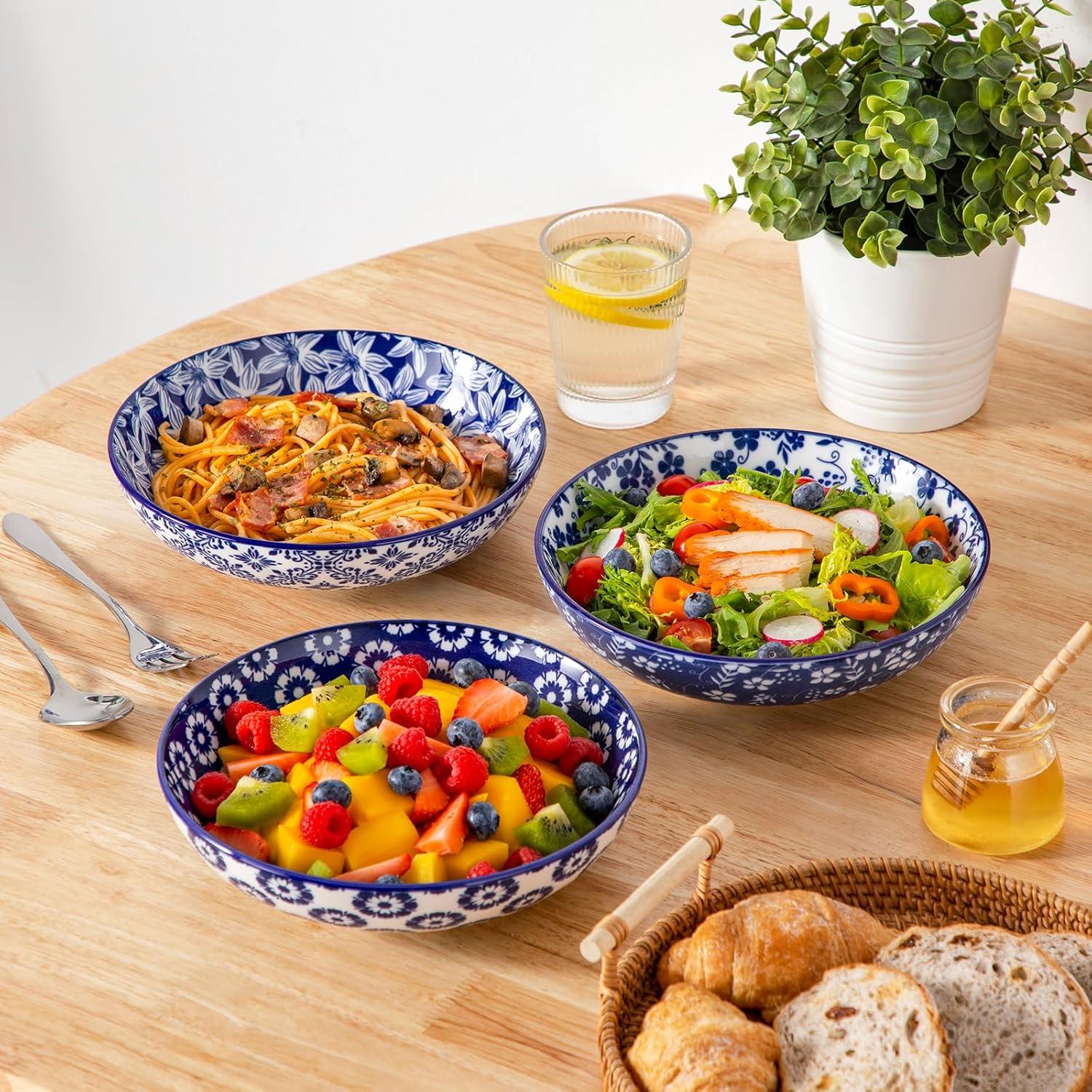 image:imagevancasso 85 Pasta Bowls Set of 6 40 oz Porcelain Shallow Salad Bowls Serving Bowls Large Kitchen Bowl Plates Pasta Dishes Plates Colorful Floral Design Microwave Safe Series SELENECobalt Blue