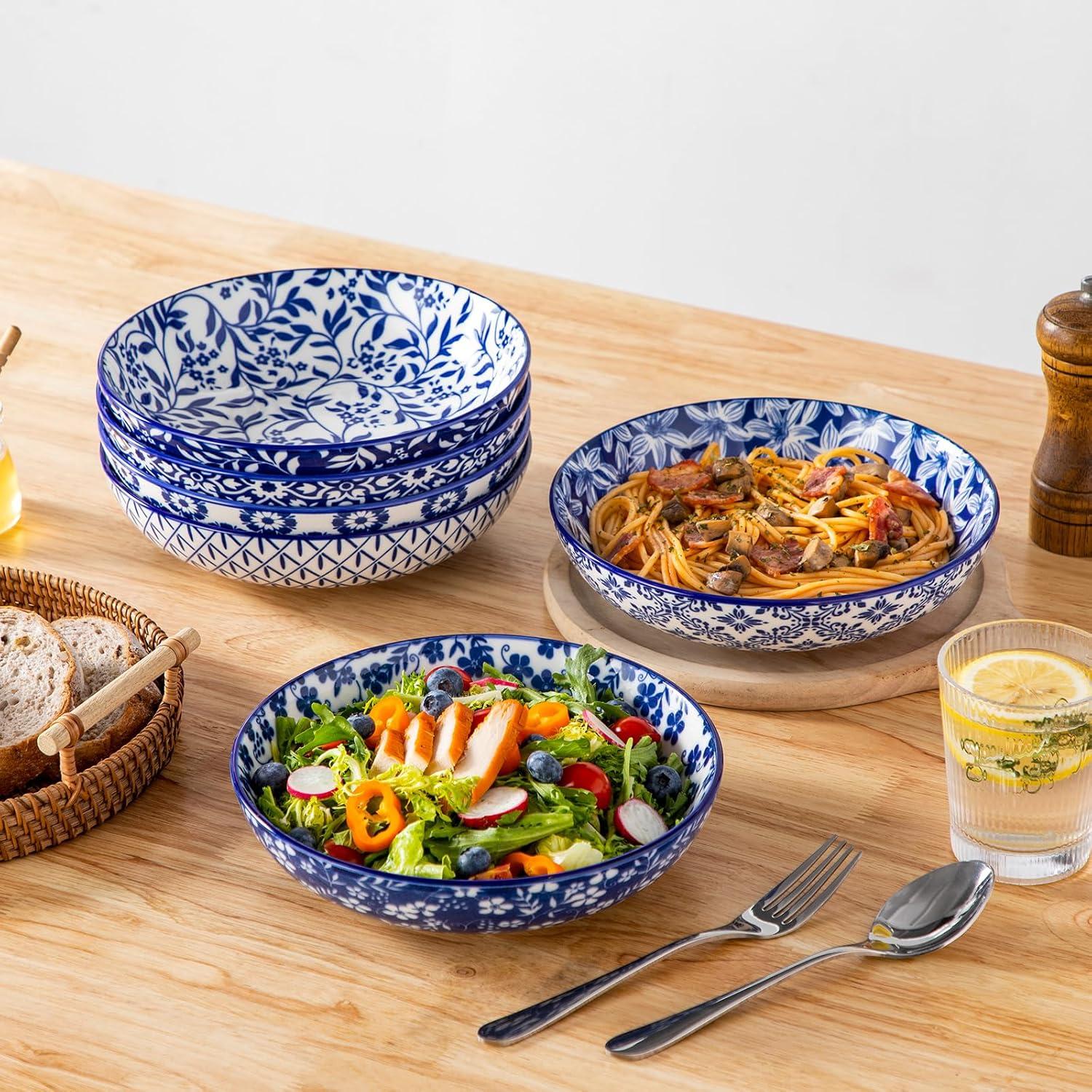 image:imagevancasso 85 Pasta Bowls Set of 6 40 oz Porcelain Shallow Salad Bowls Serving Bowls Large Kitchen Bowl Plates Pasta Dishes Plates Colorful Floral Design Microwave Safe Series SELENECobalt Blue