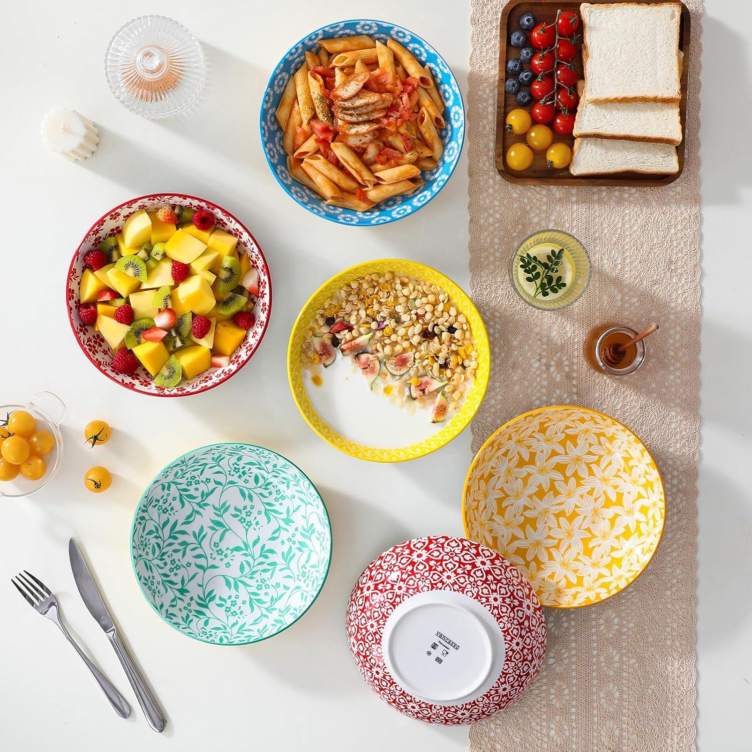 image:imagevancasso 85 Pasta Bowls Set of 6 40 oz Porcelain Shallow Salad Bowls Serving Bowls Large Kitchen Bowl Plates Pasta Dishes Plates Colorful Floral Design Microwave Safe Series SELENEPastel