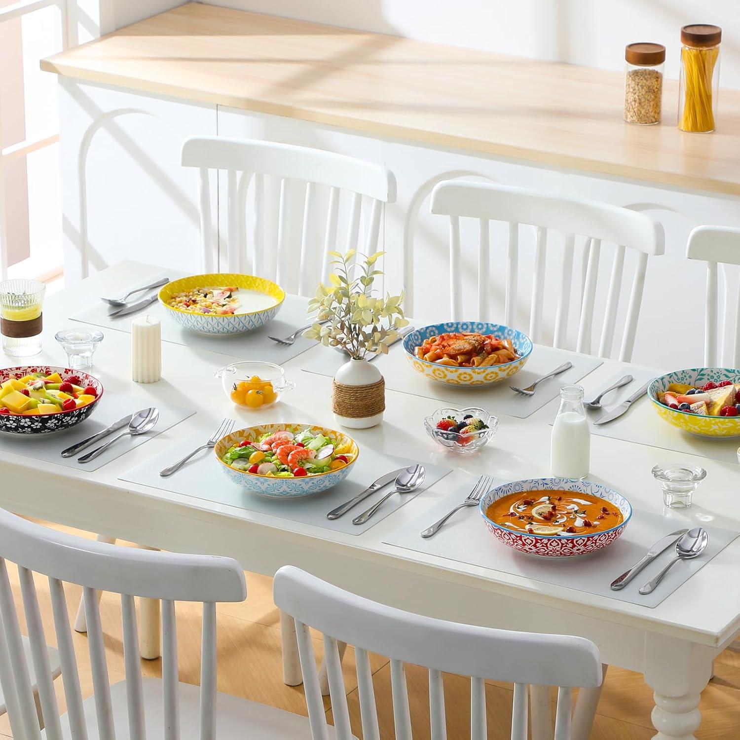 image:imagevancasso 85 Pasta Bowls Set of 6 40 oz Porcelain Shallow Salad Bowls Serving Bowls Large Kitchen Bowl Plates Pasta Dishes Plates Colorful Floral Design Microwave Safe Series SELENEPastel