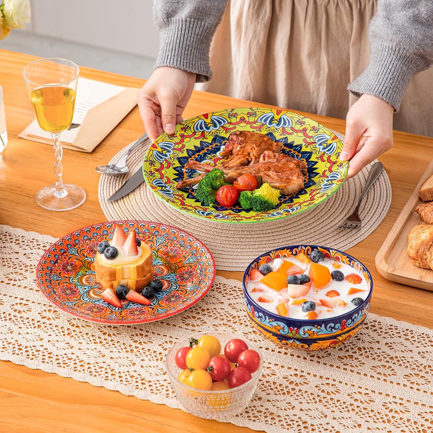 image:imagevancasso Plates and Bowls Sets12Piece Porcelain Dinnerware Set Service for 4 Bohemian Style Dishes Set for 4 Kitchen Dinner Set Microwave and Dishwasher Safe Scratch Resistant Series KRVIService for 6 18 Pcs