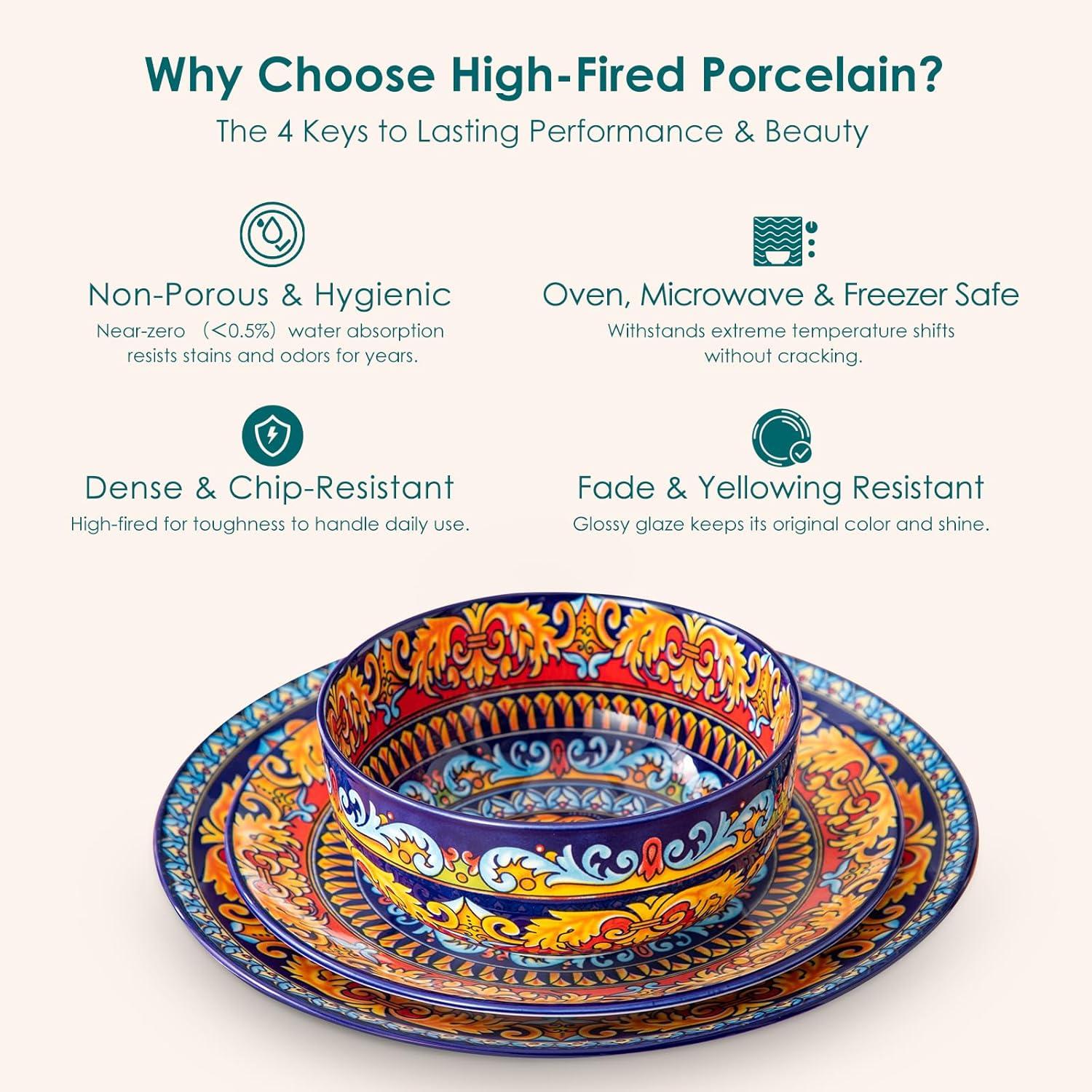 image:imagevancasso Plates and Bowls Sets12Piece Porcelain Dinnerware Set Service for 4 Bohemian Style Dishes Set for 4 Kitchen Dinner Set Microwave and Dishwasher Safe Scratch Resistant Series KRVIService for 6 18 Pcs