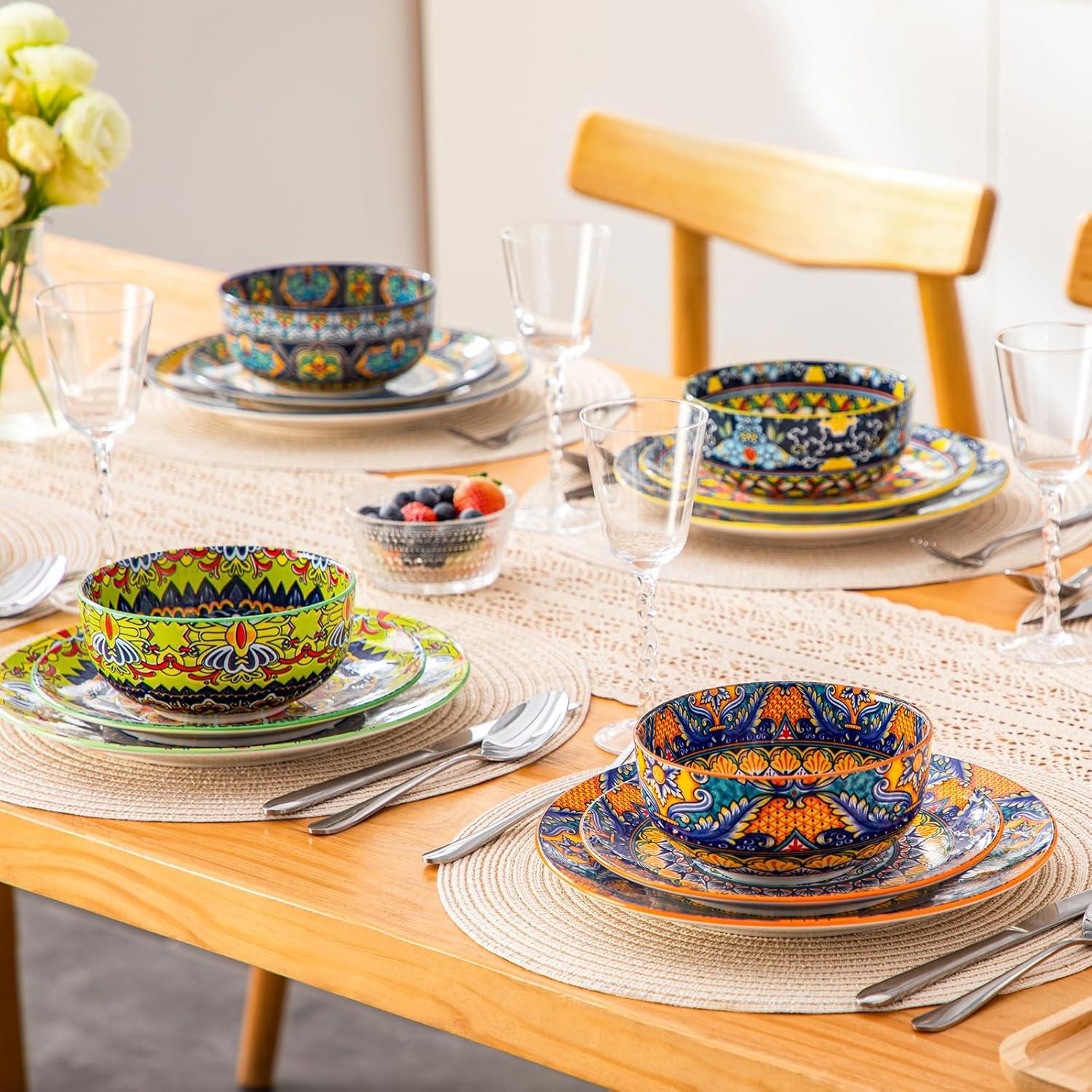 image:imagevancasso Plates and Bowls Sets12Piece Porcelain Dinnerware Set Service for 4 Bohemian Style Dishes Set for 4 Kitchen Dinner Set Microwave and Dishwasher Safe Scratch Resistant Series KRVIService for 6 18 Pcs