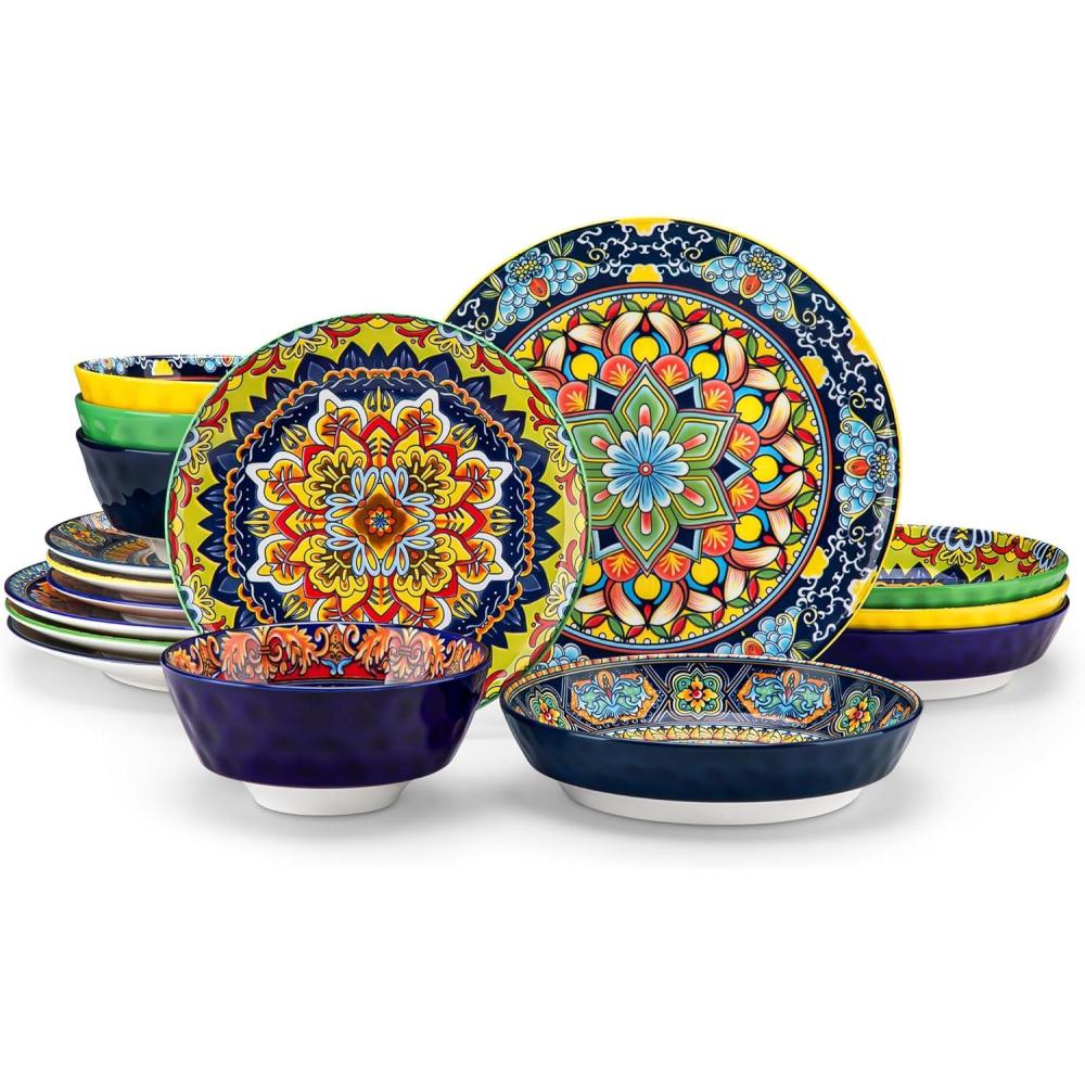 image:imagevancasso 24 Pieces Plates and Bowls Set Bohemian Style Dinnerware Sets Service for 6 Porcelain Boho Dishes Set for Kitchen Housewaring Gift Dishwasher and Microwave Safe Series KRVIService for 4 16 PCS