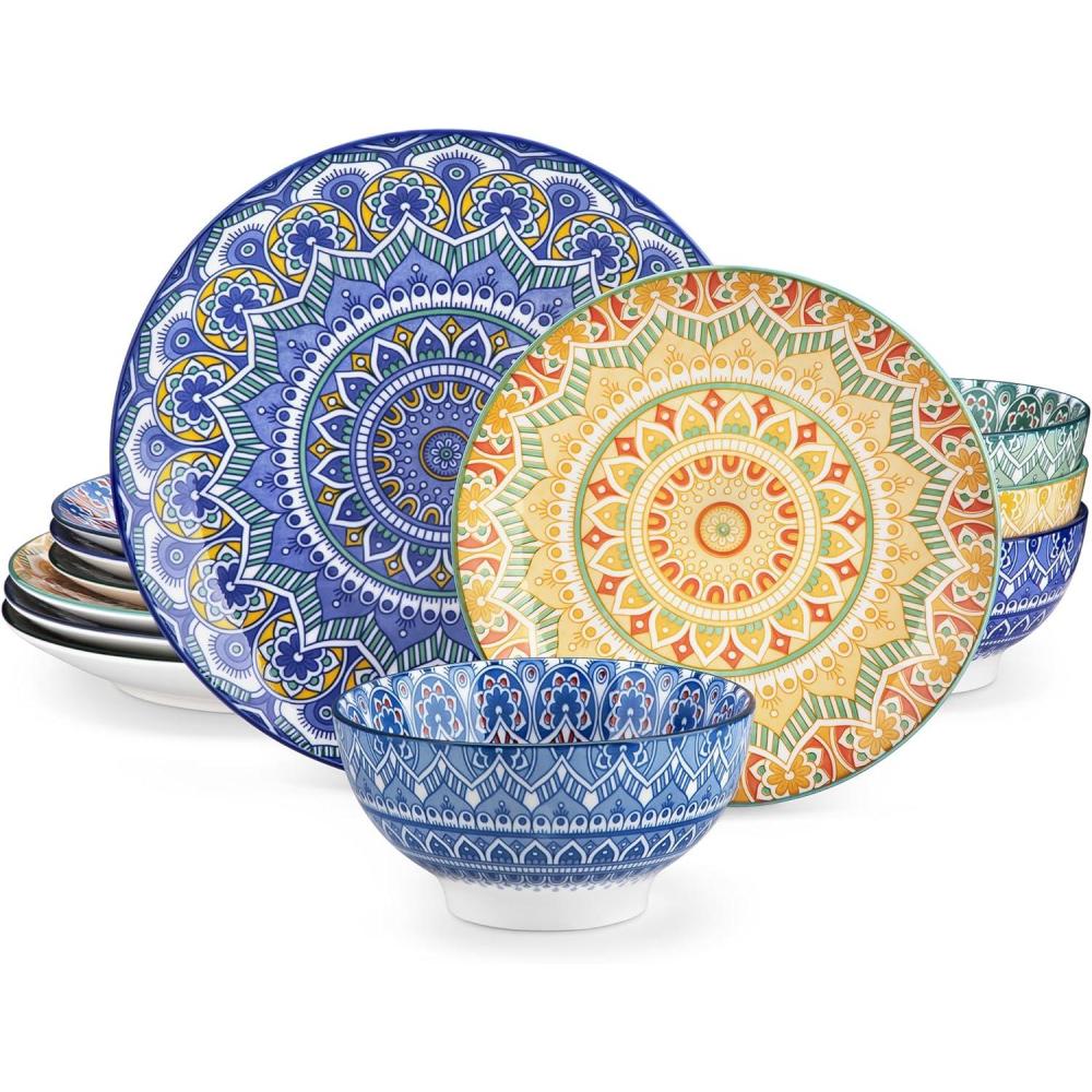 image:imagevancasso 24 Pieces Plates and Bowls Set Bohemian Style Dinnerware Sets Service for 6 Porcelain Boho Dishes Set for Kitchen Housewaring Gift Dishwasher and Microwave Safe Series KRVIService for 4 12 pcs