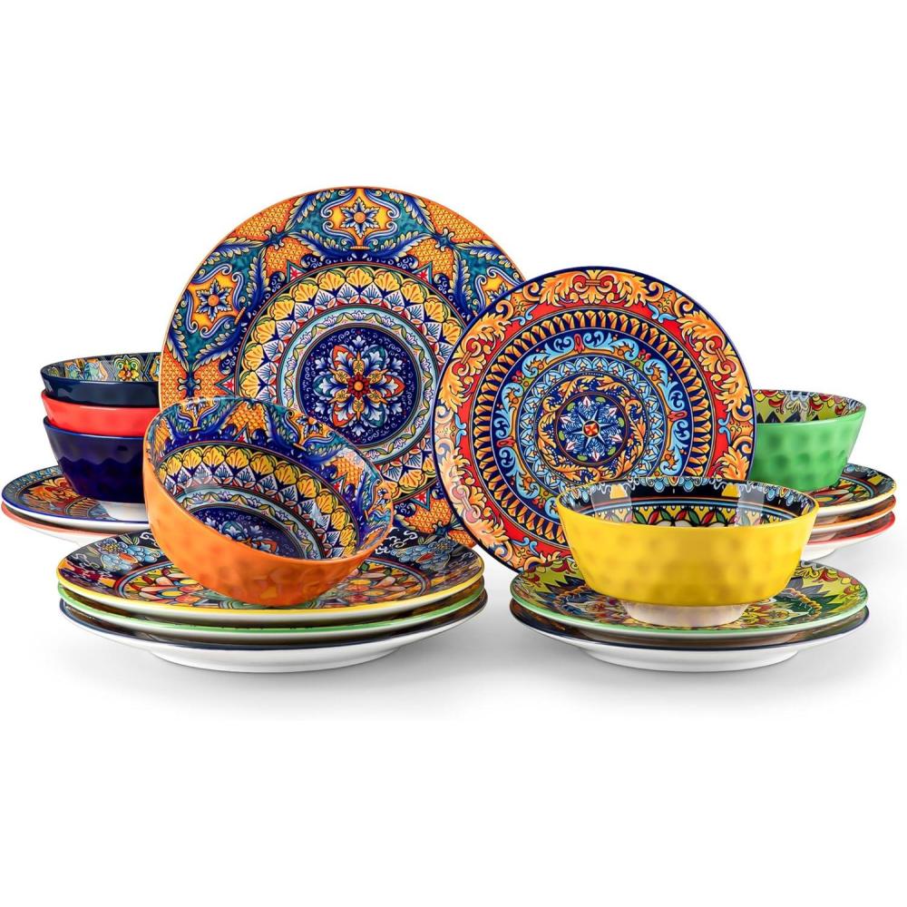 image:imagevancasso 24 Pieces Plates and Bowls Set Bohemian Style Dinnerware Sets Service for 6 Porcelain Boho Dishes Set for Kitchen Housewaring Gift Dishwasher and Microwave Safe Series KRVIService for 6 18 PCS
