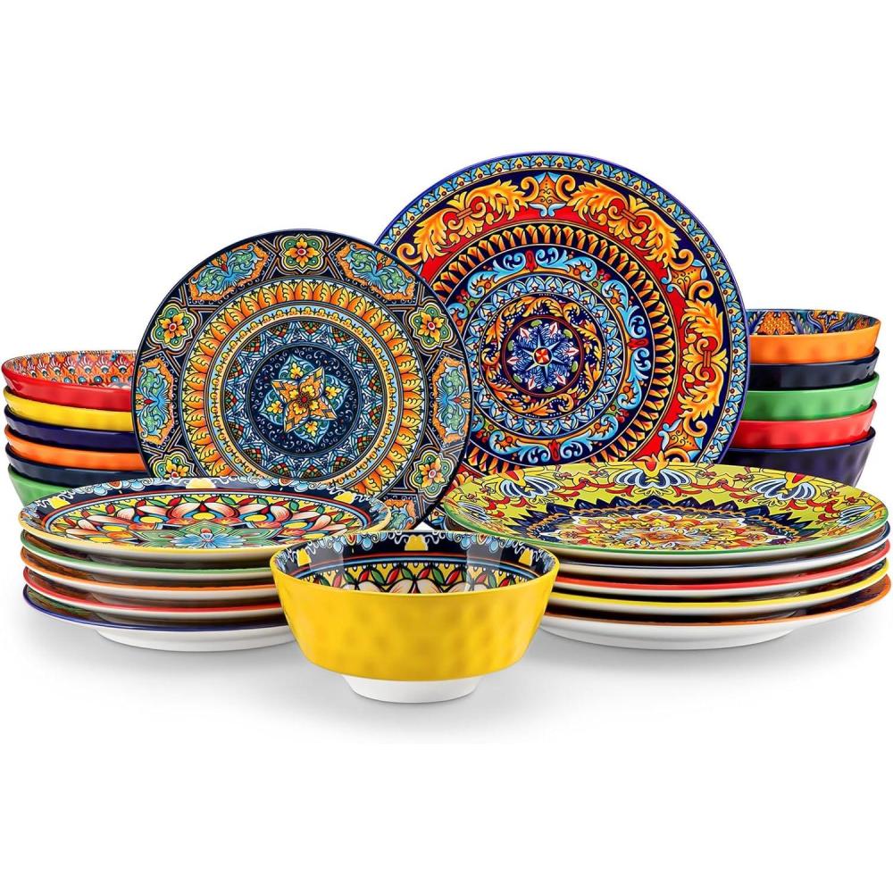 image:imagevancasso 24 Pieces Plates and Bowls Set Bohemian Style Dinnerware Sets Service for 6 Porcelain Boho Dishes Set for Kitchen Housewaring Gift Dishwasher and Microwave Safe Series KRVIService for 6 24 PCS