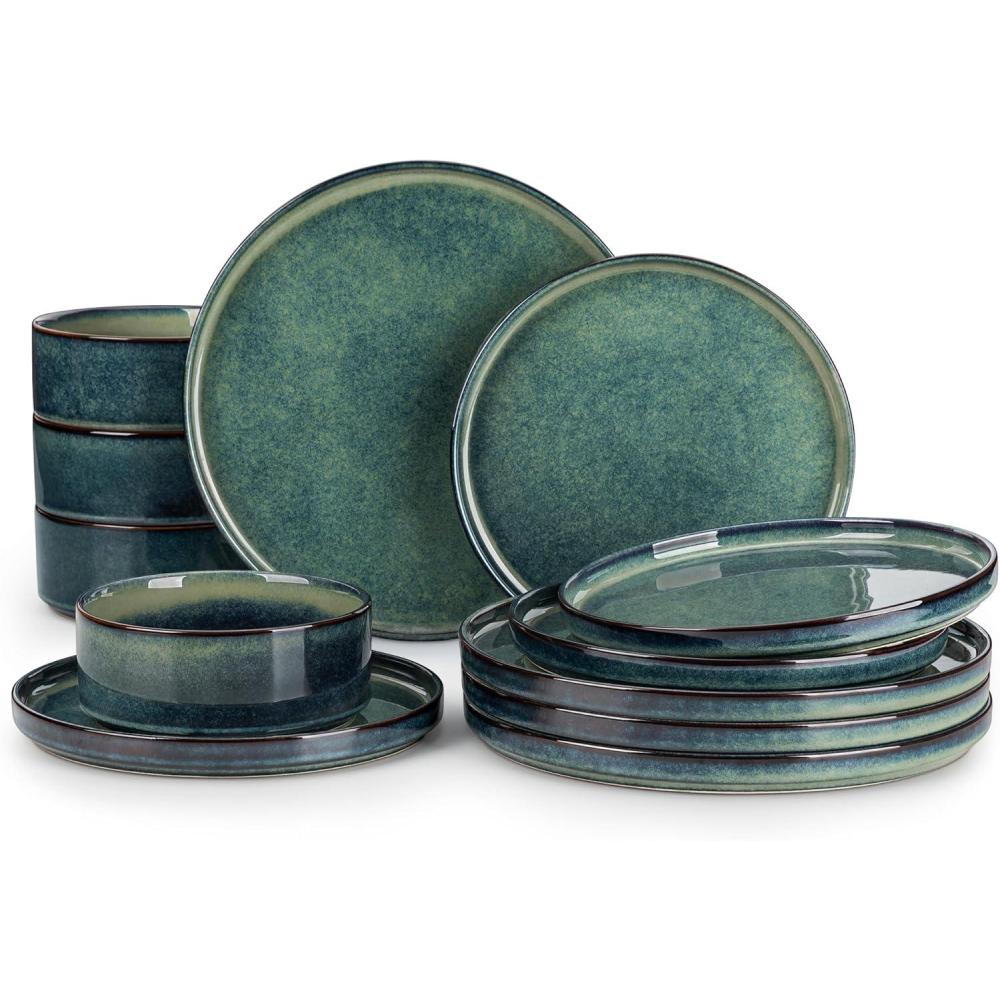 image:imagevancasso Starry Plates and Bowls Sets for 8 24 Pieces Green Dinnerware Sets for Kitchen Modern Stoneware Dishes Set Dishwasher and Microwave SafeGreen