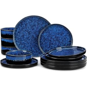 vancasso Starry Plates and Bowls Sets for 8, 24 Pieces Green Dinnerware Sets for Kitchen, Modern Stoneware Dishes Set, Dishwasher and Microwave Safe(Blue)