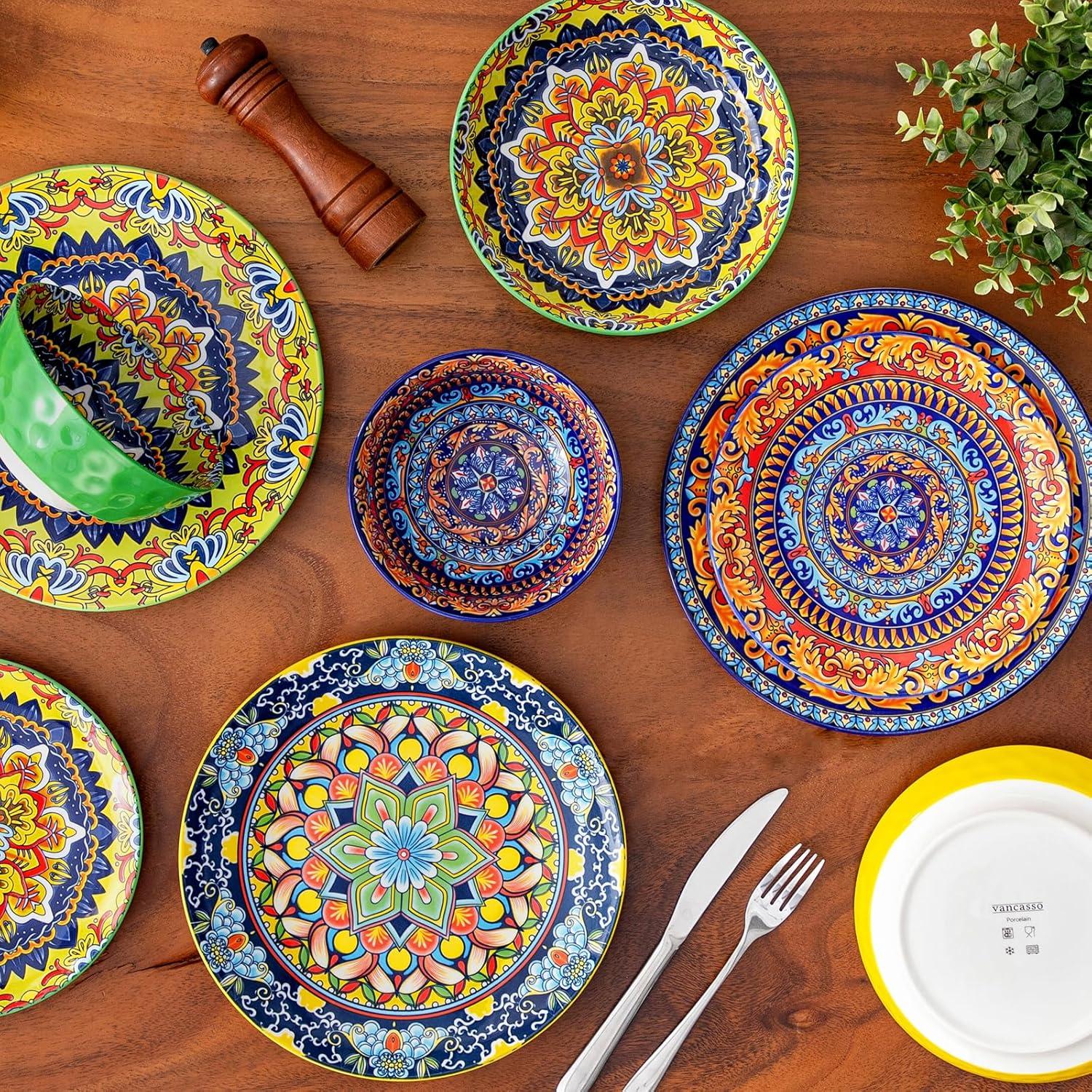 image:imagevancasso 24 Pieces Plates and Bowls Set Bohemian Style Dinnerware Sets Service for 6 Porcelain Boho Dishes Set for Kitchen Housewaring Gift Dishwasher and Microwave Safe Series KRVIService for 4 16 PCS