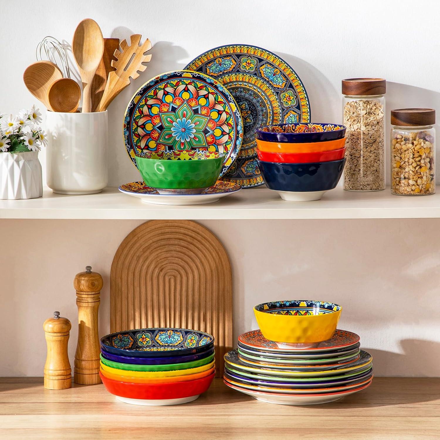 image:imagevancasso 24 Pieces Plates and Bowls Set Bohemian Style Dinnerware Sets Service for 6 Porcelain Boho Dishes Set for Kitchen Housewaring Gift Dishwasher and Microwave Safe Series KRVIService for 6 24 PCS
