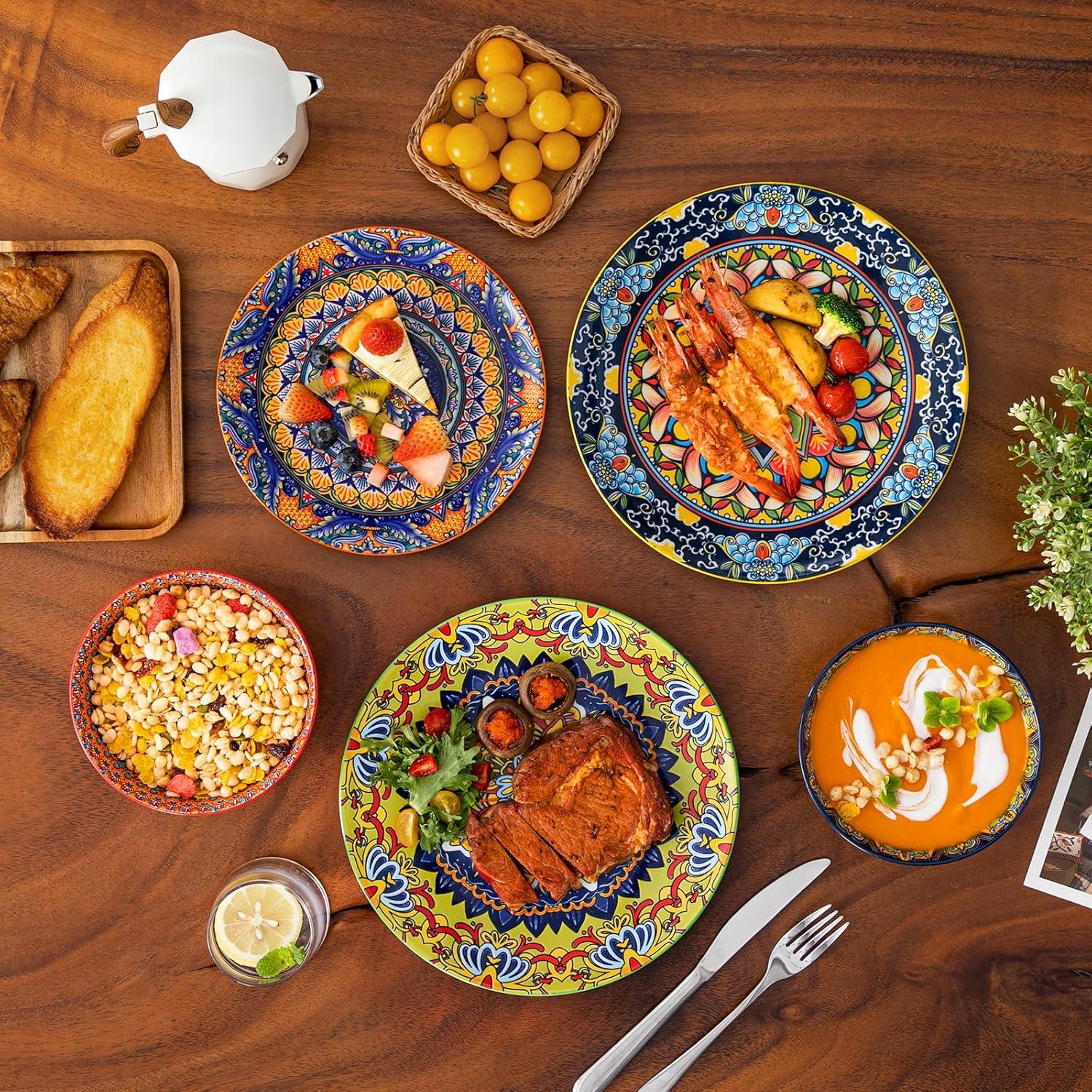 image:imagevancasso 24 Pieces Plates and Bowls Set Bohemian Style Dinnerware Sets Service for 6 Porcelain Boho Dishes Set for Kitchen Housewaring Gift Dishwasher and Microwave Safe Series KRVIService for 6 18 PCS