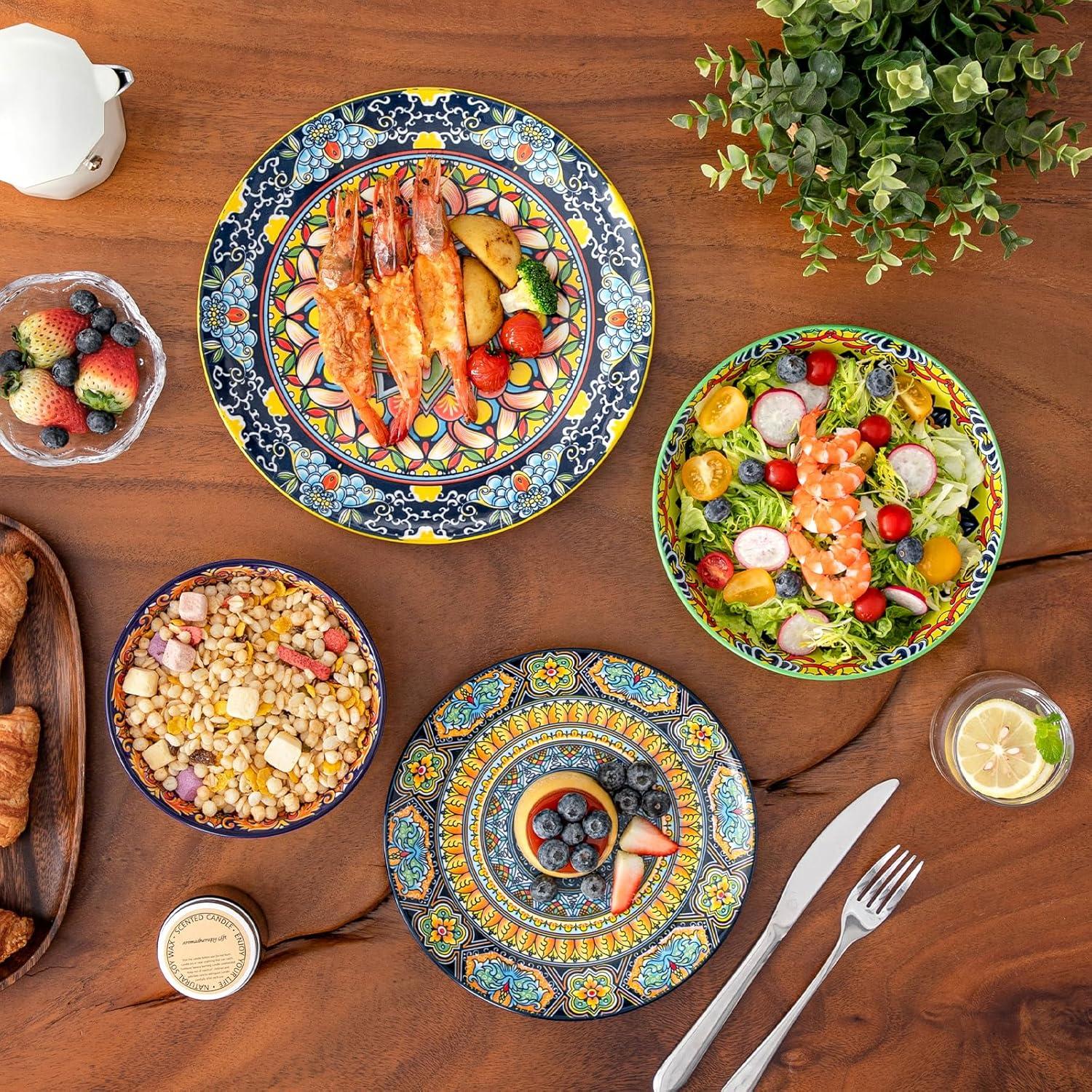 image:imagevancasso 24 Pieces Plates and Bowls Set Bohemian Style Dinnerware Sets Service for 6 Porcelain Boho Dishes Set for Kitchen Housewaring Gift Dishwasher and Microwave Safe Series KRVIService for 4 16 PCS