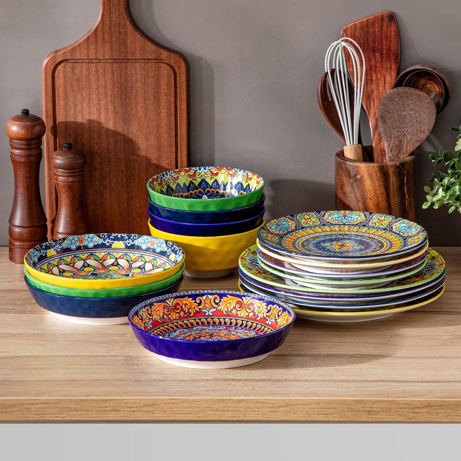 image:imagevancasso 24 Pieces Plates and Bowls Set Bohemian Style Dinnerware Sets Service for 6 Porcelain Boho Dishes Set for Kitchen Housewaring Gift Dishwasher and Microwave Safe Series KRVIService for 4 16 PCS