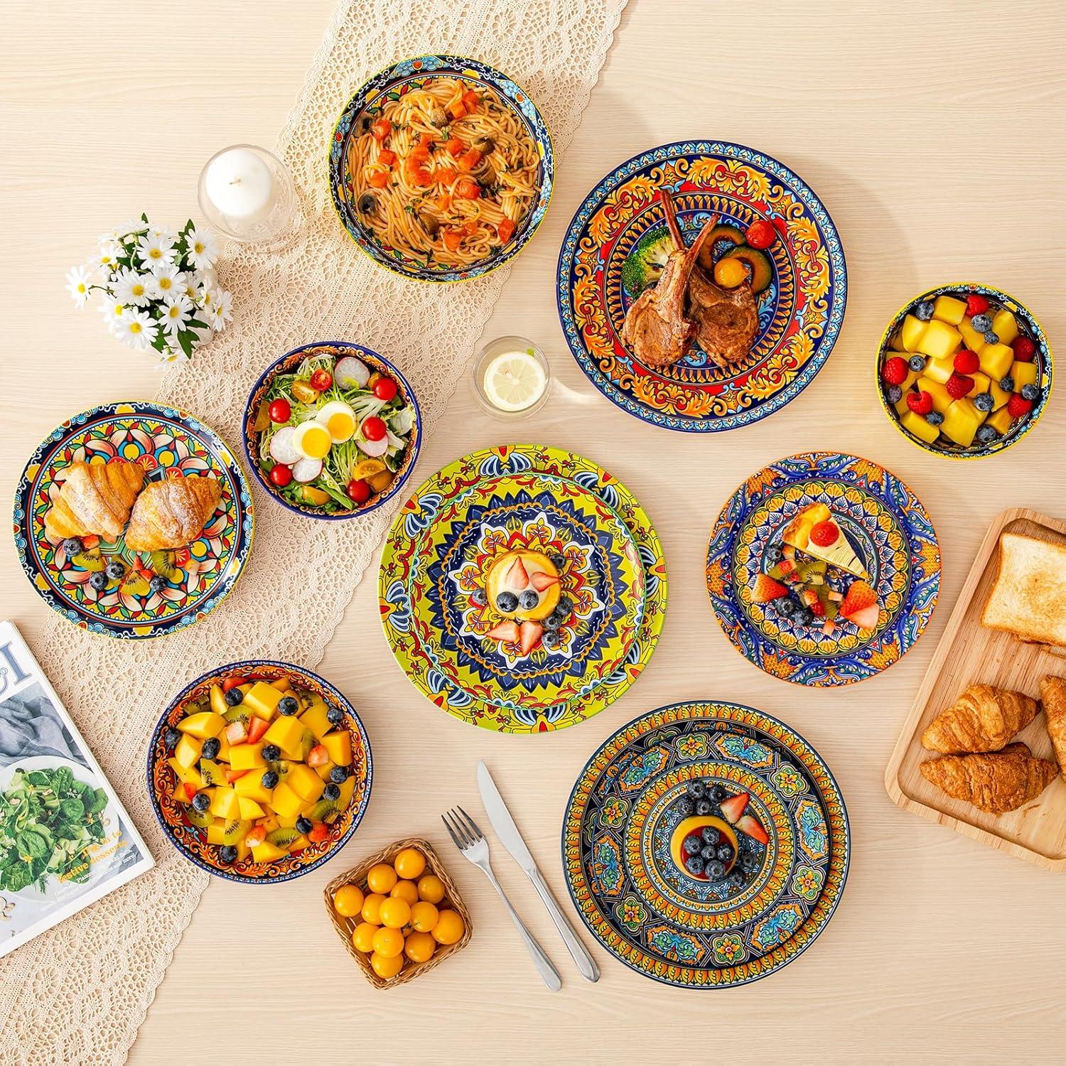 image:imagevancasso 24 Pieces Plates and Bowls Set Bohemian Style Dinnerware Sets Service for 6 Porcelain Boho Dishes Set for Kitchen Housewaring Gift Dishwasher and Microwave Safe Series KRVIService for 6 24 PCS