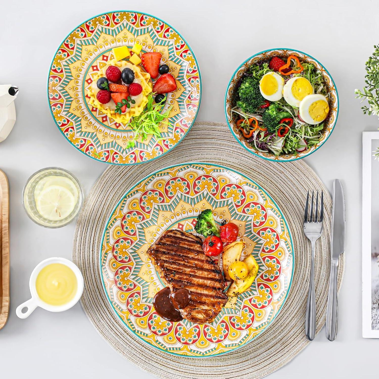 image:imagevancasso 24 Pieces Plates and Bowls Set Bohemian Style Dinnerware Sets Service for 6 Porcelain Boho Dishes Set for Kitchen Housewaring Gift Dishwasher and Microwave Safe Series KRVIService for 4 12 pcs