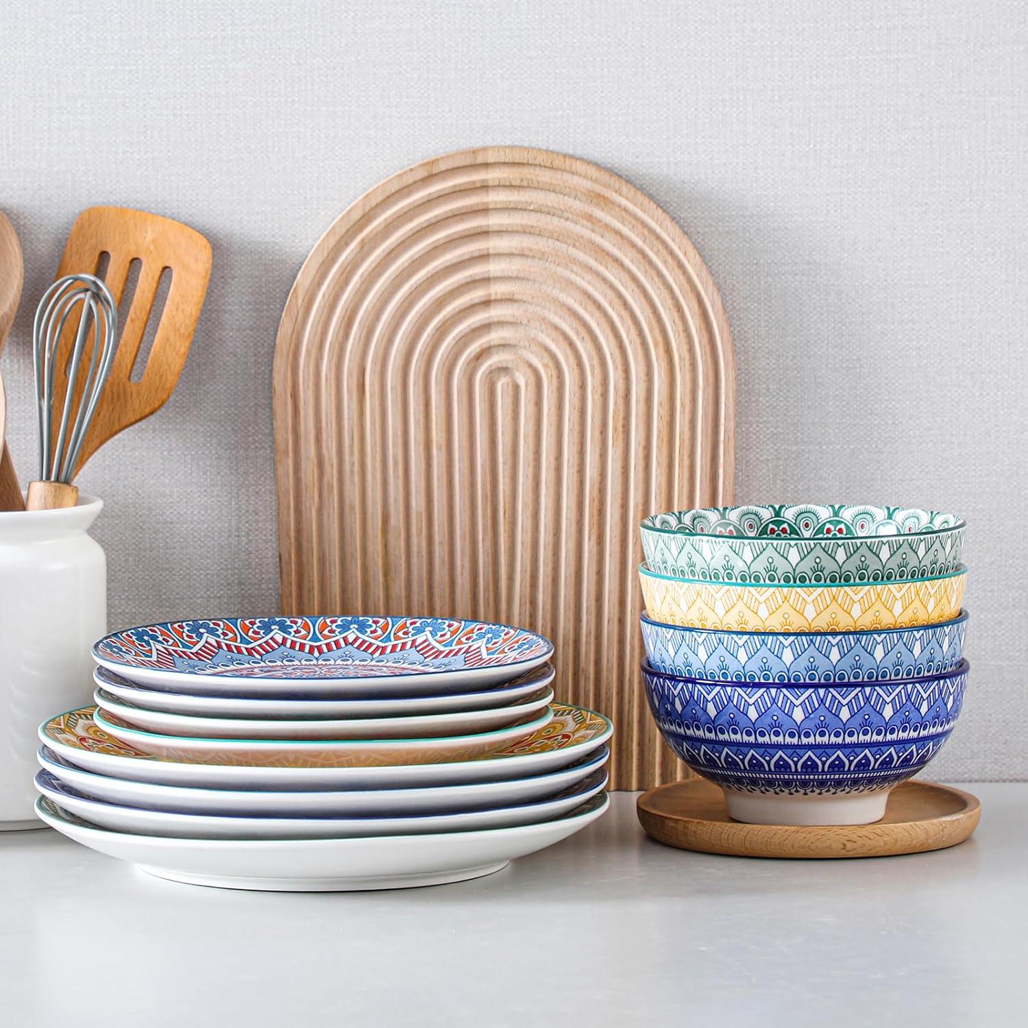 image:imagevancasso 24 Pieces Plates and Bowls Set Bohemian Style Dinnerware Sets Service for 6 Porcelain Boho Dishes Set for Kitchen Housewaring Gift Dishwasher and Microwave Safe Series KRVIService for 4 12 pcs
