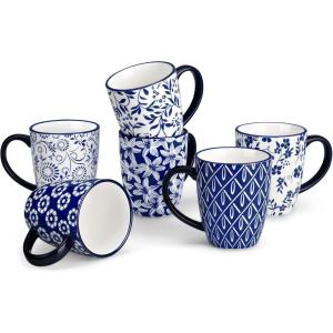 vancasso SELENE Coffee Mugs Set of 6, 12 Oz Porcelain Coffee Cups with Handle, Ceramic Tea Cup for Cappuccino, Latte, Tea, Cocoa, Dishwasher & Microwave Safe Gift Sets, Vintage Blue(12 Ounce)