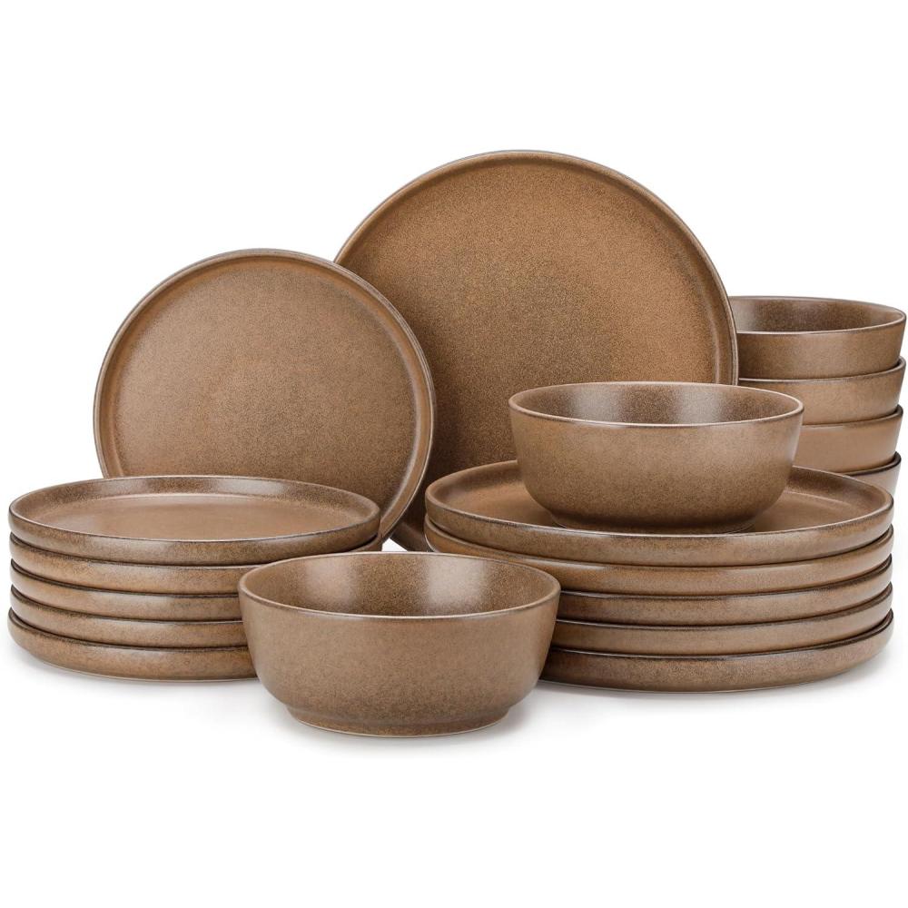 image:imagevancasso ZERMATT Dinnerware Set for 8 24 Pieces Plates and Bowls Sets for Kitchen Stoneware Dish Set with Scratch Resistant Dishwasher amp Microwave Safe BlueMuted Brown