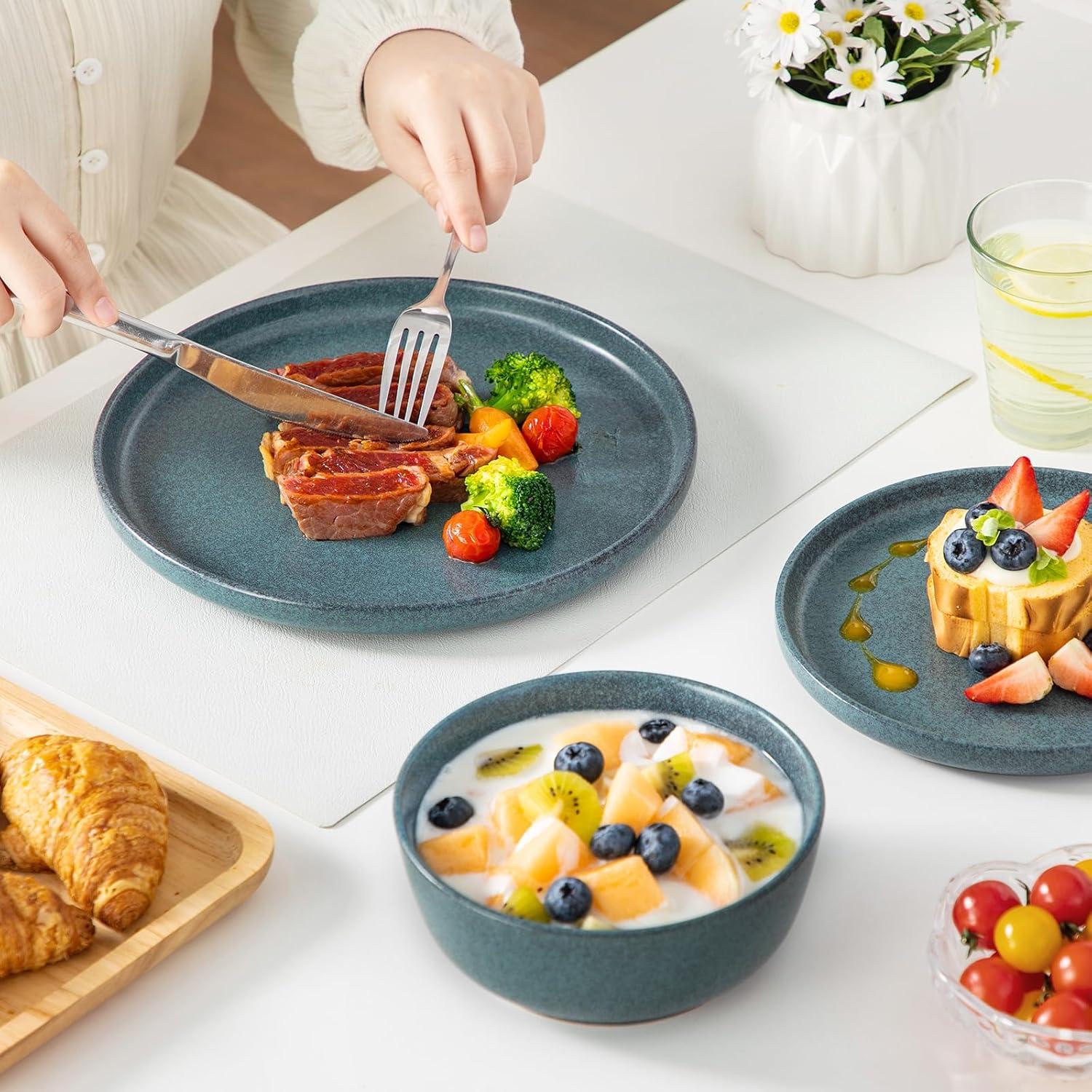 image:imagevancasso ZERMATT Dinnerware Set for 8 24 Pieces Plates and Bowls Sets for Kitchen Stoneware Dish Set with Scratch Resistant Dishwasher amp Microwave Safe BlueSmoky Teal