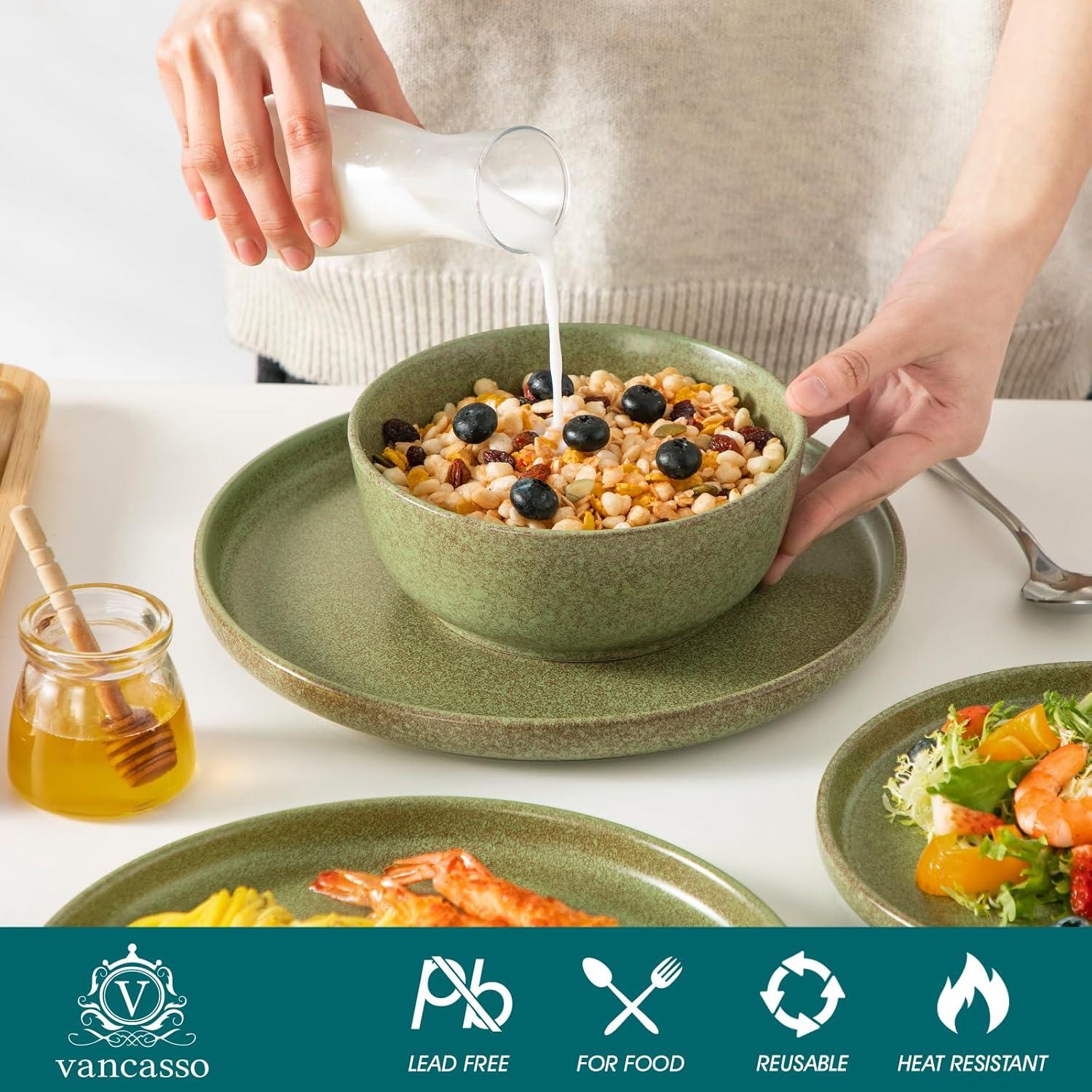 image:imagevancasso ZERMATT Dinnerware Set for 8 24 Pieces Plates and Bowls Sets for Kitchen Stoneware Dish Set with Scratch Resistant Dishwasher amp Microwave Safe BlueMossy Green