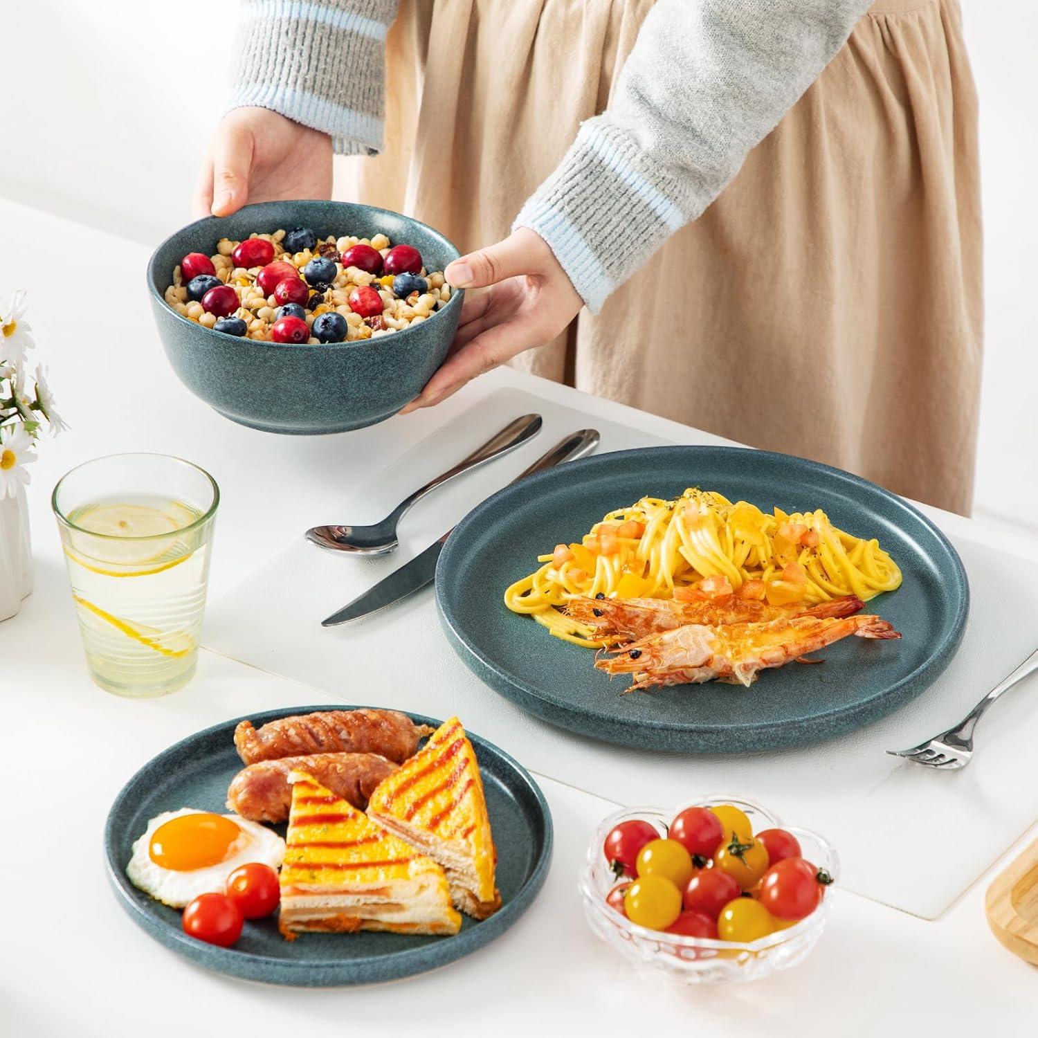 image:imagevancasso ZERMATT Dinnerware Set for 8 24 Pieces Plates and Bowls Sets for Kitchen Stoneware Dish Set with Scratch Resistant Dishwasher amp Microwave Safe BlueSmoky Teal
