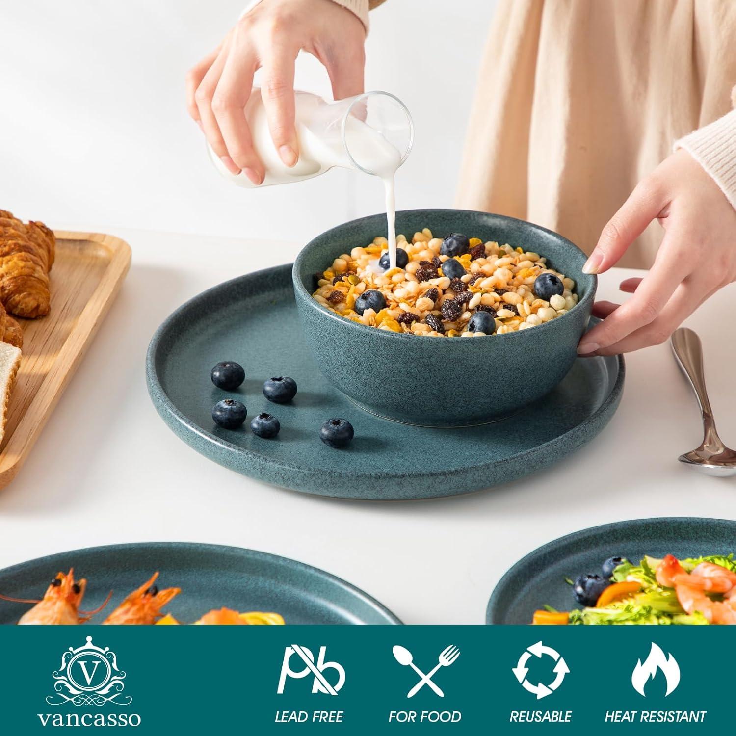 image:imagevancasso ZERMATT Dinnerware Set for 8 24 Pieces Plates and Bowls Sets for Kitchen Stoneware Dish Set with Scratch Resistant Dishwasher amp Microwave Safe BlueSmoky Teal