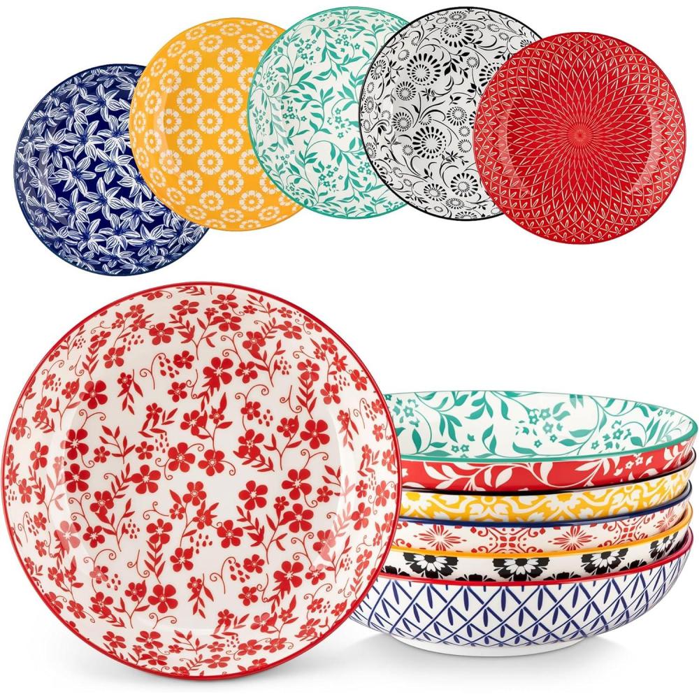 image:imagevancasso Selene 85 Pasta Bowls Set of 6 40 oz Porcelain Shallow Salad Bowls Serving Bowls Pasta Dishes Plates Large Kitchen Bowl Plates Vivid Floral Design Microwave Safe Series SELENEVivid