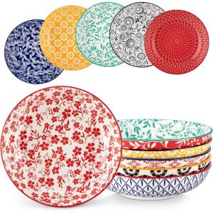 vancasso Selene 8.5″ Pasta Bowls Set of 6, 40 oz Porcelain Shallow Salad Bowls, Serving Bowls Pasta Dishes Plates Large Kitchen Bowl Plates, Vivid Floral Design, Microwave Safe, Series SELENE(Vivid)