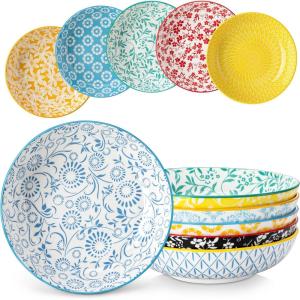 vancasso Selene 8.5″ Pasta Bowls Set of 6, 40 oz Porcelain Shallow Salad Bowls, Serving Bowls Pasta Dishes Plates Large Kitchen Bowl Plates, Vivid Floral Design, Microwave Safe, Series SELENE(Pastel)