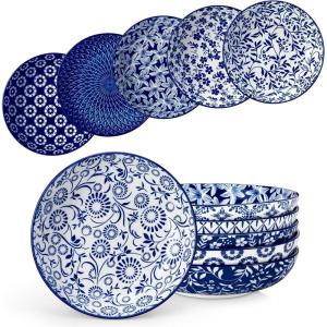 vancasso Selene 8.5″ Pasta Bowls Set of 6, 40 oz Porcelain Shallow Salad Bowls, Serving Bowls Pasta Dishes Plates Large Kitchen Bowl Plates, Vivid Floral Design, Microwave Safe, Series SELENE(Cobalt Blue)