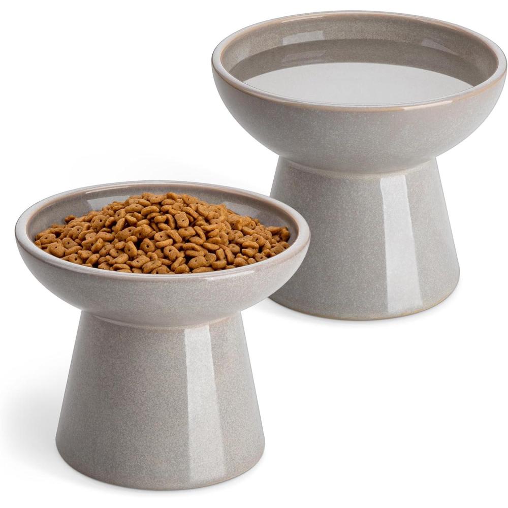 image:imagevancasso Elevated Cat Food Bowls 2Pack 62 Wide Shallow Cat Feeding Bowl for Whisker Fatigue 51 Height Ceramic Raised Food Bowls for Senior Cats Anti Vomit WhiteGrey