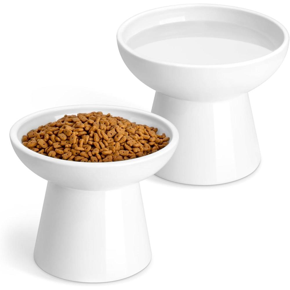 image:imagevancasso Elevated Cat Food Bowls 2Pack 62 Wide Shallow Cat Feeding Bowl for Whisker Fatigue 51 Height Ceramic Raised Food Bowls for Senior Cats Anti Vomit WhiteWhite