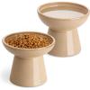 vancasso Elevated Cat Food Bowls 2-Pack, 6.2″ Wide Shallow Cat Feeding Bowl for Whisker Fatigue, 5.1″ Height Ceramic Raised Food Bowls for Senior Cats, Anti Vomit, White(Brown)
