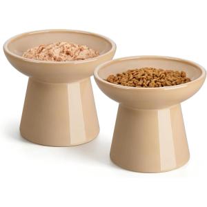 vancasso Elevated Cat Food Bowls 2-Pack, 6.2″ Wide Shallow Cat Feeding Bowl for Whisker Fatigue, 5.1″ Height Ceramic Raised Food Bowls for Senior Cats, Anti Vomit, White(Brown-Food 2-pack)