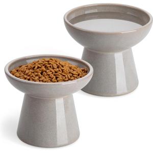vancasso Elevated Cat Food Bowls 2-Pack, 6.2″ Wide Shallow Cat Feeding Bowl for Whisker Fatigue, 5.1″ Height Ceramic Raised Food Bowls for Senior Cats, Anti Vomit, White(Grey)