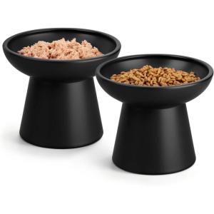 vancasso Elevated Cat Food Bowls 2-Pack, 6.2″ Wide Shallow Cat Feeding Bowl for Whisker Fatigue, 5.1″ Height Ceramic Raised Food Bowls for Senior Cats, Anti Vomit, White(Black-Food 2-pack)
