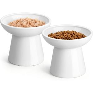 vancasso Elevated Cat Food Bowls 2-Pack, 6.2″ Wide Shallow Cat Feeding Bowl for Whisker Fatigue, 5.1″ Height Ceramic Raised Food Bowls for Senior Cats, Anti Vomit, White(White-Food 2-pack)